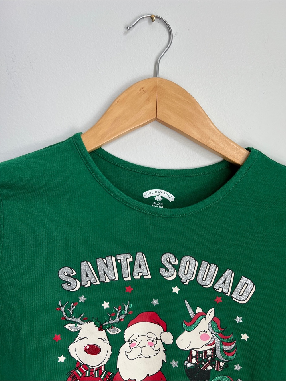 Holiday Time | Green "Santa Squad" Kids Long Sleeve Tee Size XL (14-16) - Picture 4 of 17